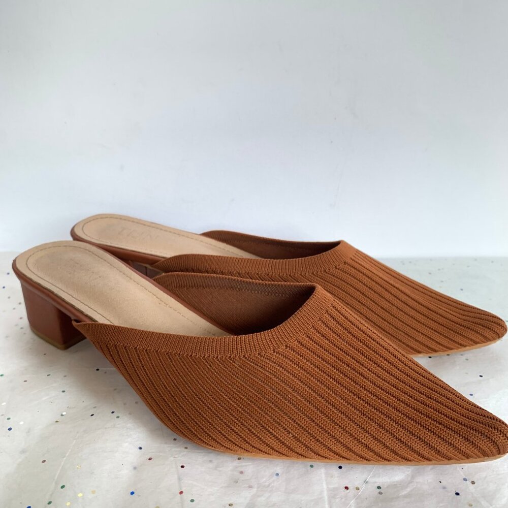 Tijn Helka Brown Orange Ribbed Pointed Toe Block Heel Mules - Size 10 Knit Poly